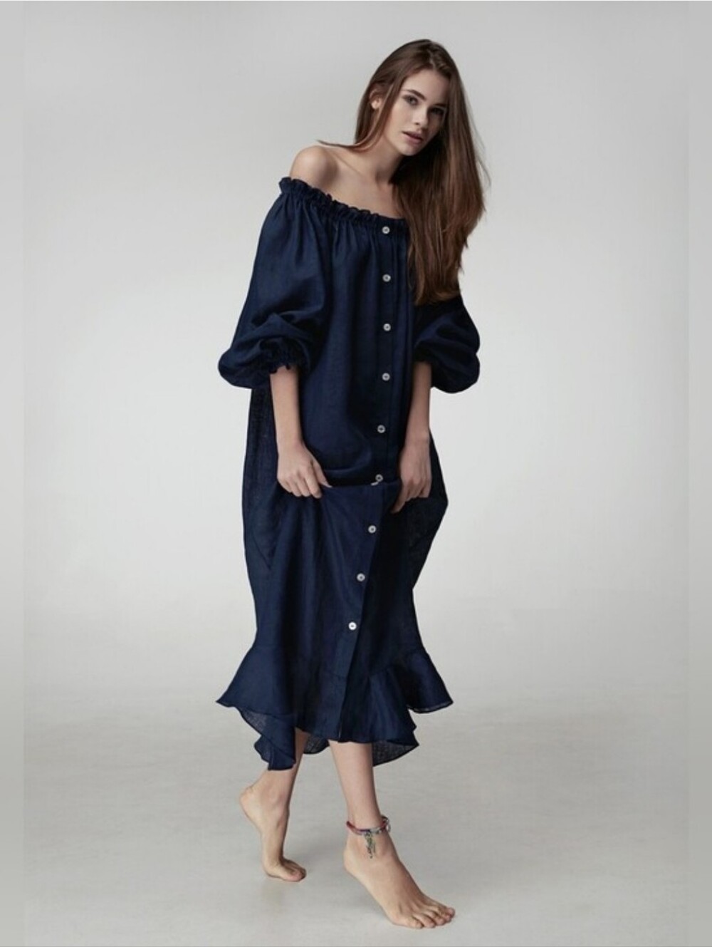 Sleeper 100% linen navy lounge dress, one size relaxed fit summer midi ruffle